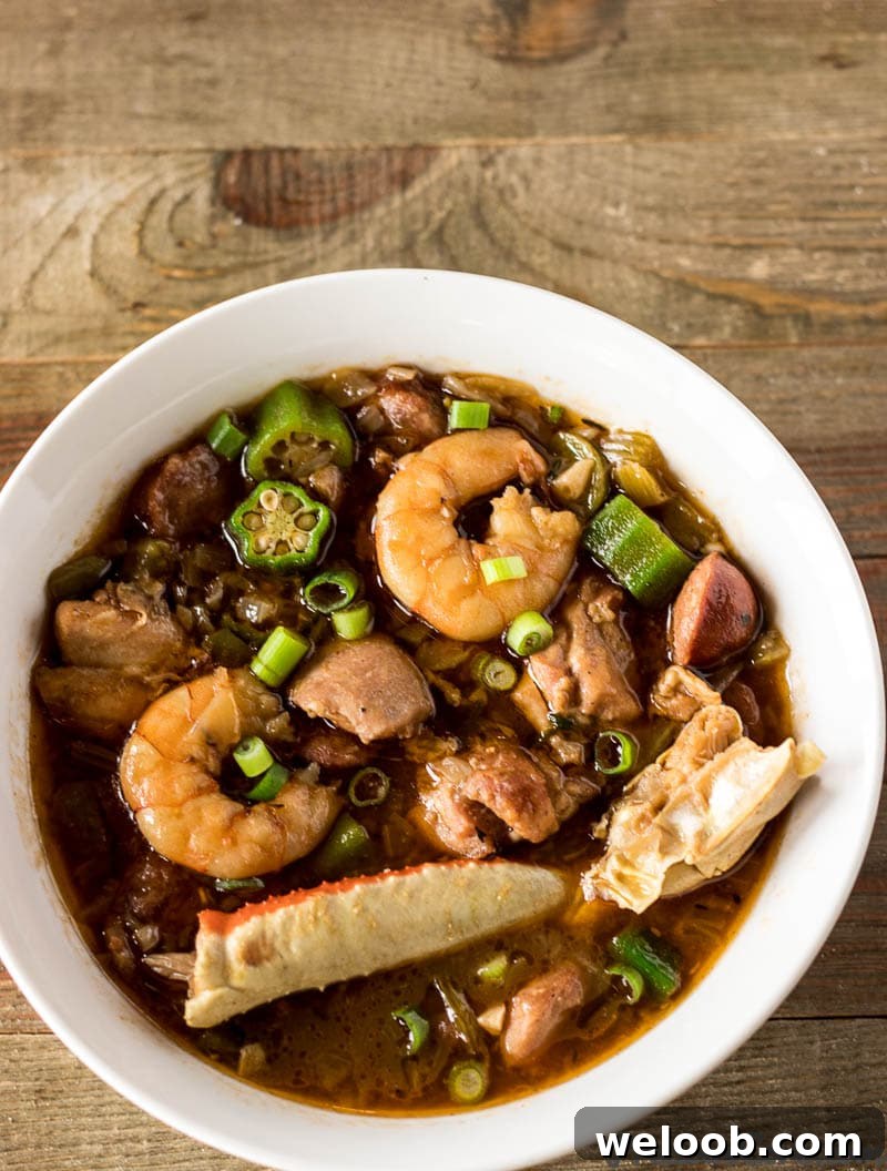 Authentic Seafood Gumbo in a bowl.