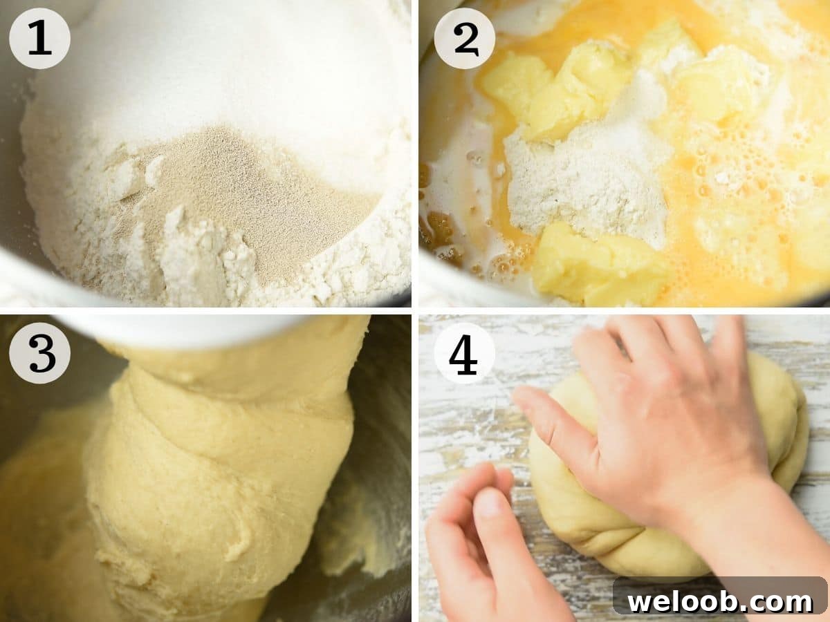 Step by step photos showing how to prepare doughnut dough in a stand mixer