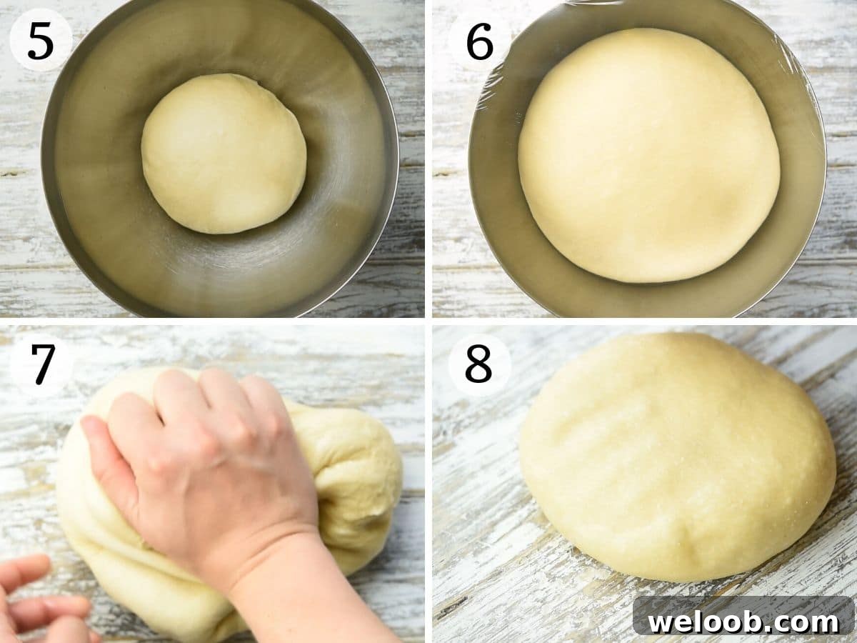 Step by step photos showing how to prove dough and knead it