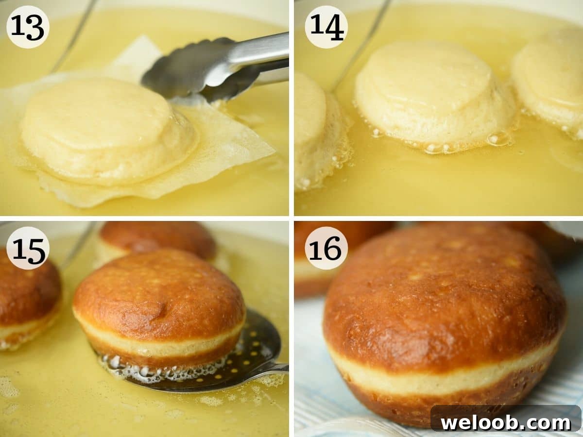 Step by step photos showing how to fry bomboloni doughnuts