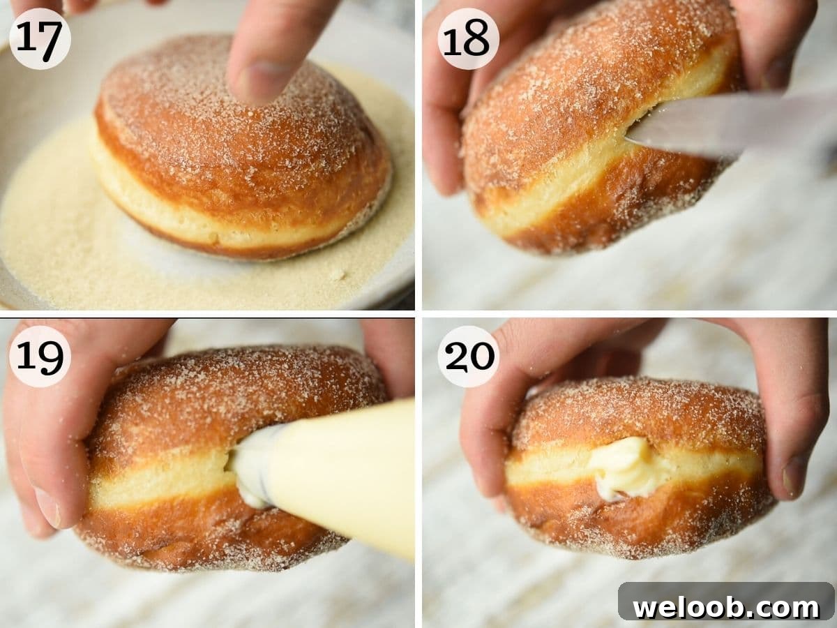 Step by step photos showing how to roll bomboloni in sugar and fill them