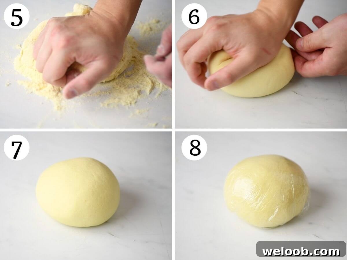 Step by step photos showing how to knead semolina pasta dough