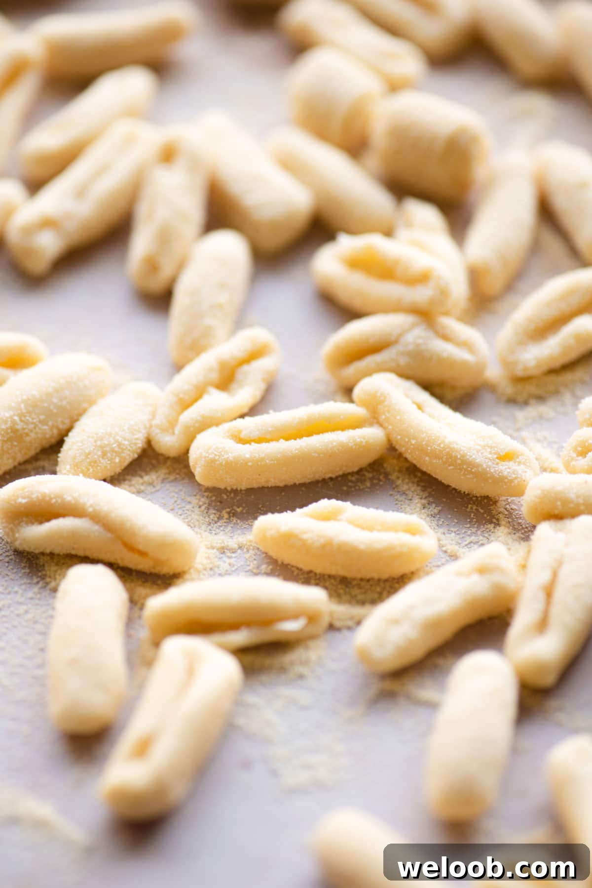 A close up of semolina pasta dough made into shapes