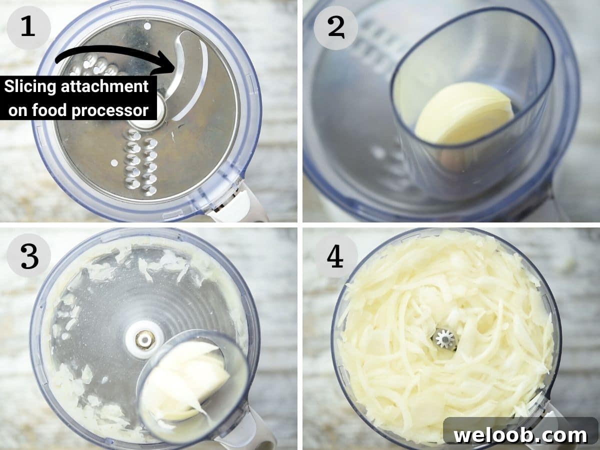 Step by step photos showing how to slice onions in a food processor