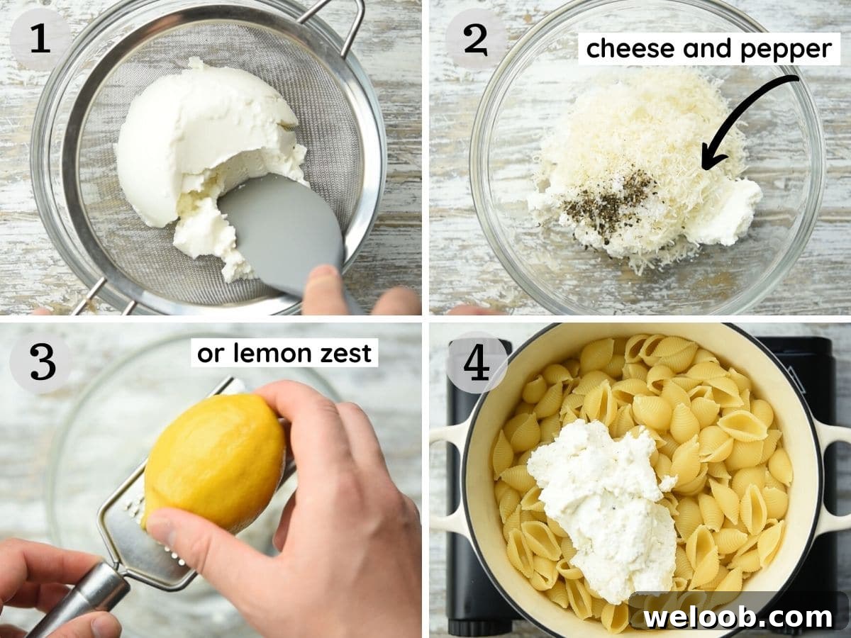 Step by step photos showing how to make ricotta pasta with cheese or lemon
