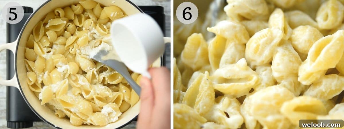 Two photos showing how to emulsify pasta sauce with water for a creamy sauce