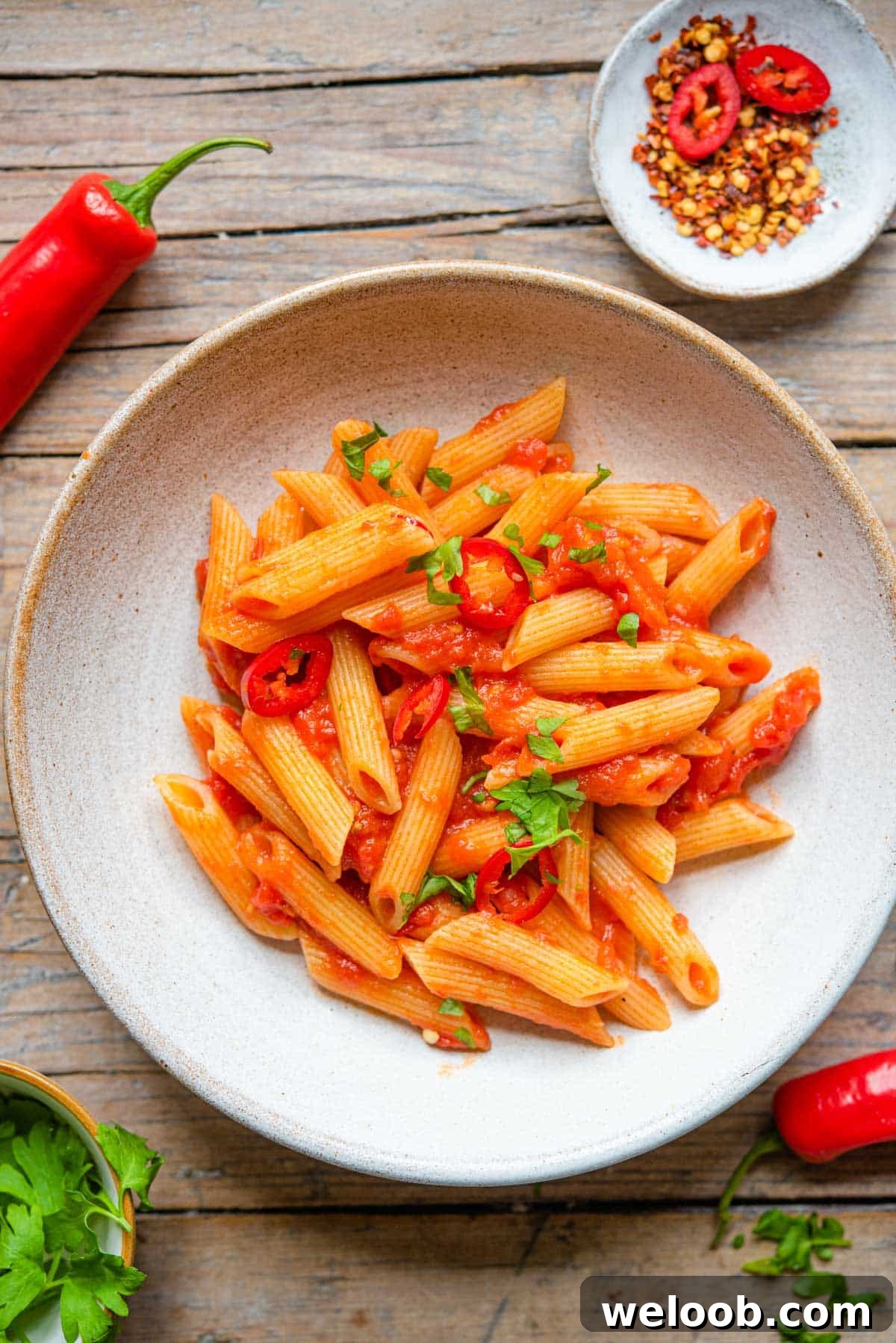 An overhead shot of penne pasta with arrabbiata sauce in a bowl