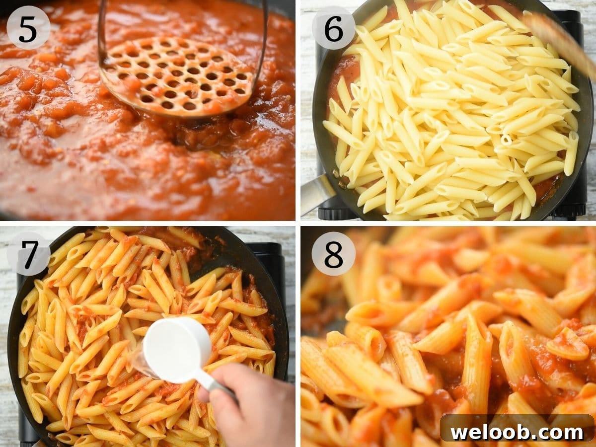 Step by step photos showing how to make penne arrabbiata