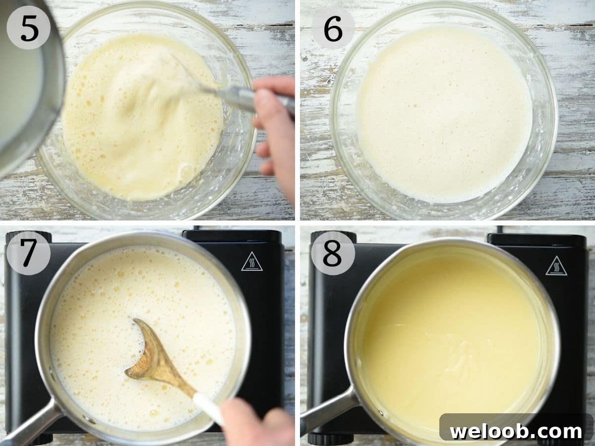 Step by step photos showing how to thicken pastry cream in a saucepan