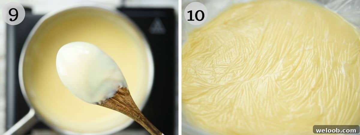 Two photos showing the consistency of pastry cream and with plastic wrap over it