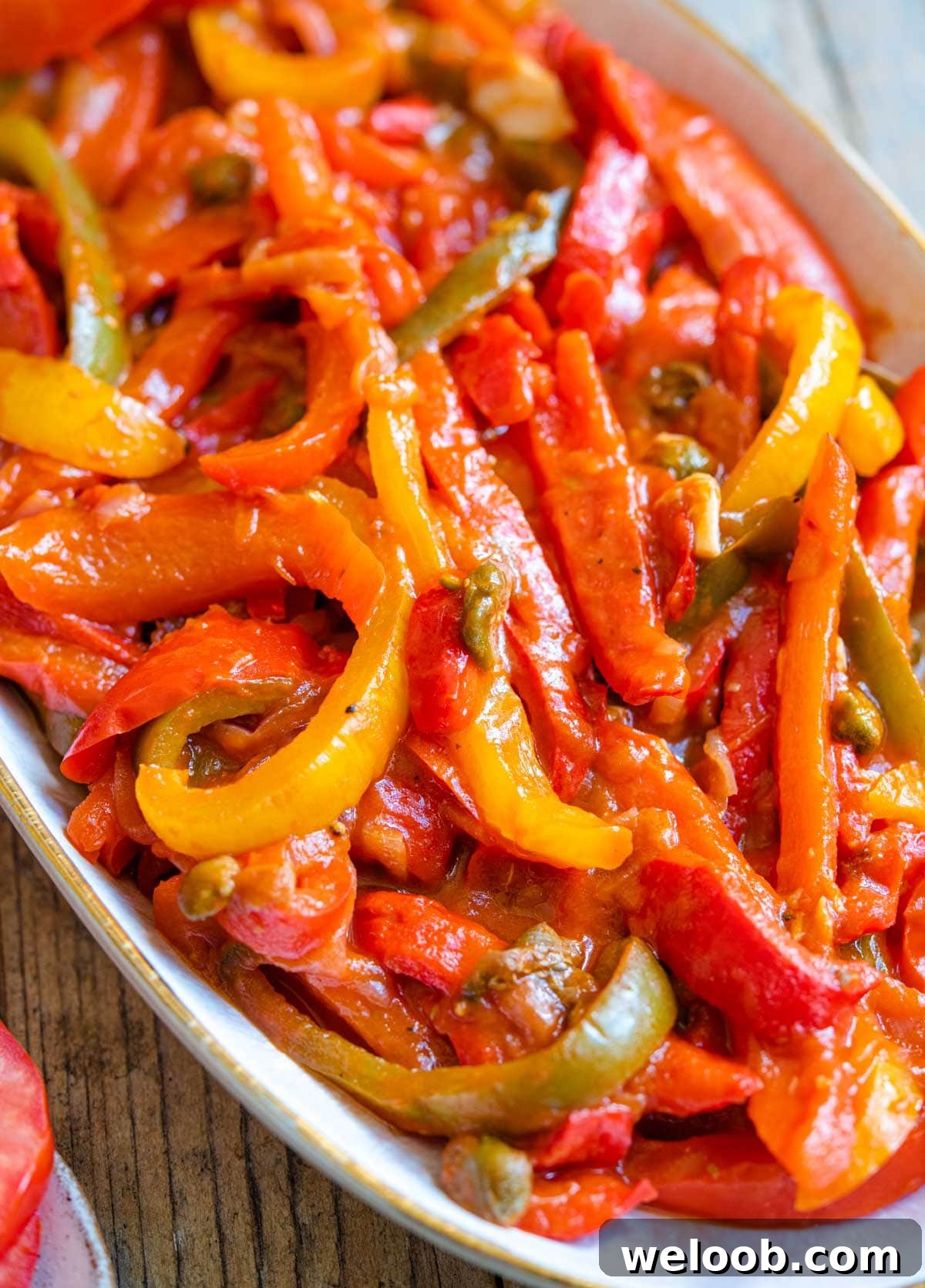 A close up of the texture of peppers in tomato sauce