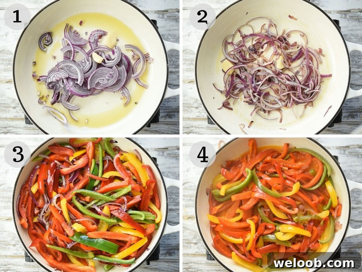 Step by step photos showing how to cook peppers and onions