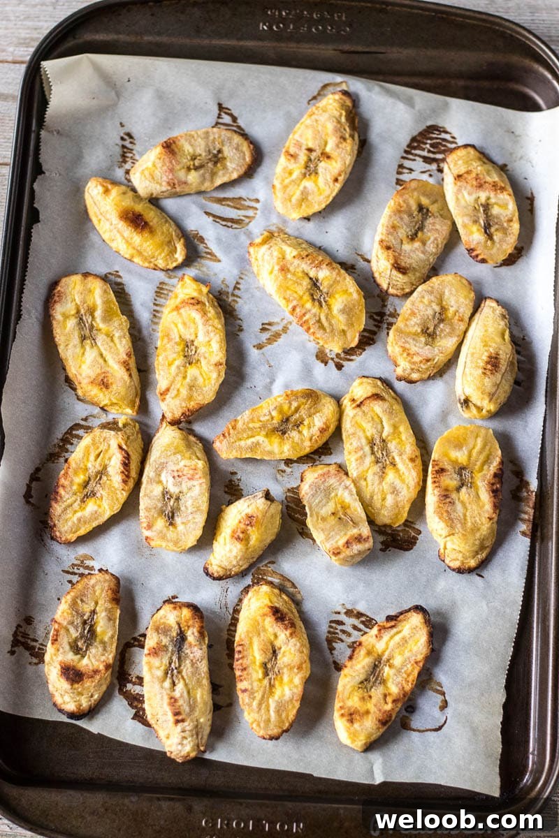 Baked Plantains on a baking sheet