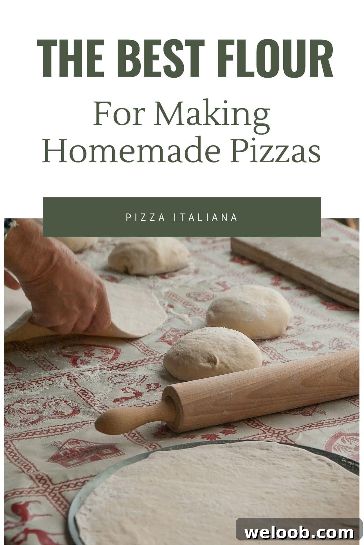 A graphic for the best flour for making homemade pizzas with a photo of a pizza underneath