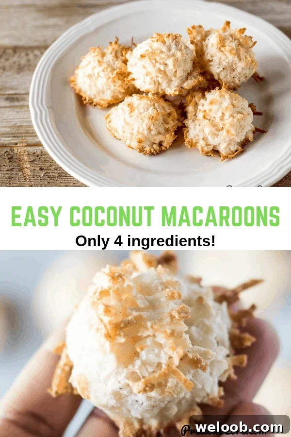 Pictures of macaroons with text "Easy Coconut Macaroons Only 4 ingredients!"