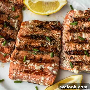Close up image of grilled salmon.