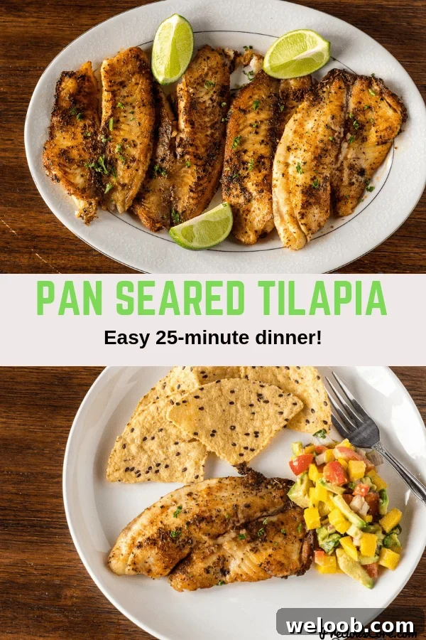 Collage of two photos of pan seared tilapia