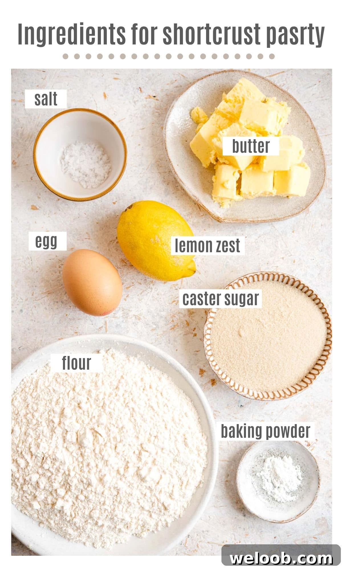 An overhead shot of ingredients you need to make shortcrust pastry with lemon zest