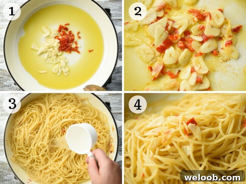 Step by step photos showing how to make Spaghetti Aglio e Olio