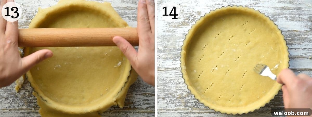 Two photos showing how to trim pastry and prick the base to make a tart