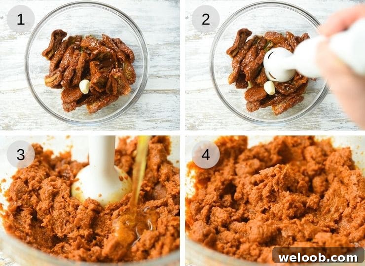 Step by step photos for making red pesto
