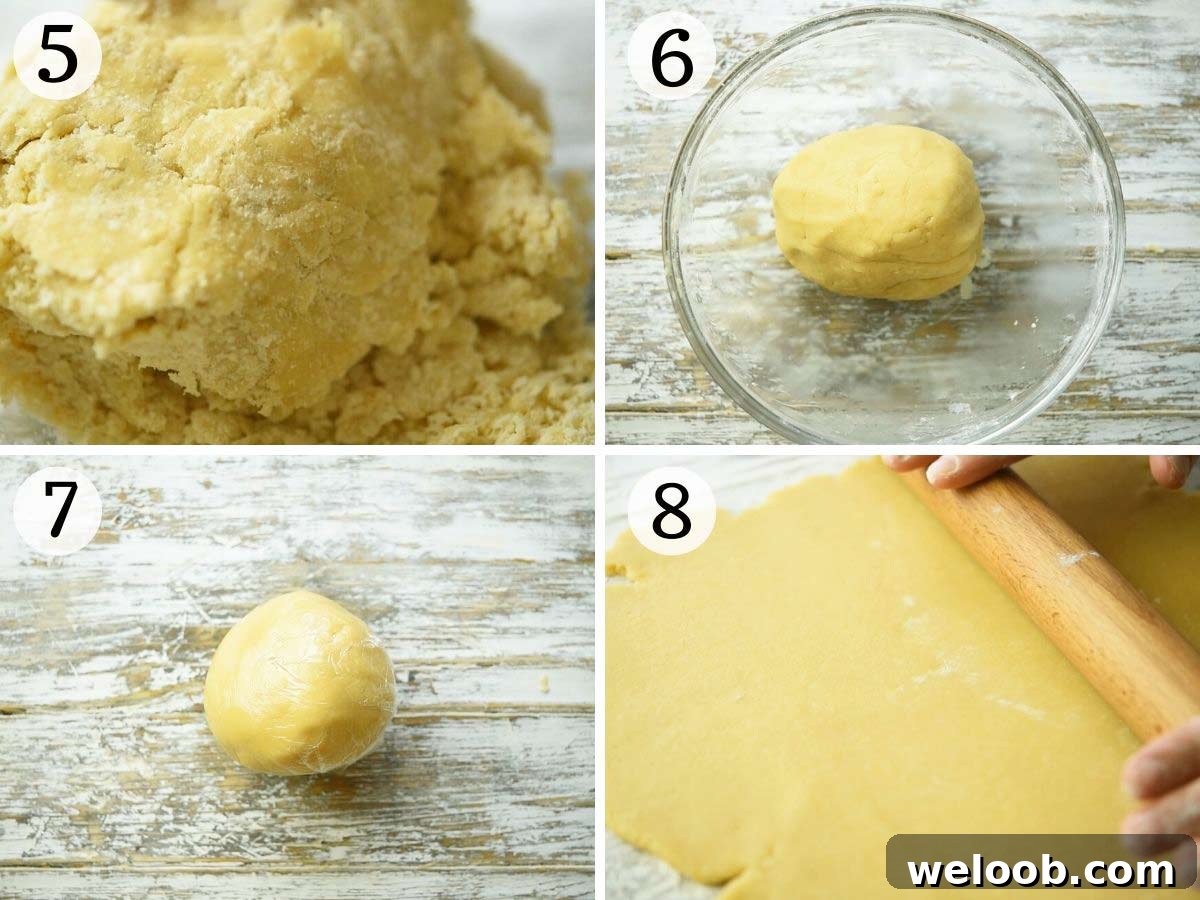 Step by step photos showing how to bring pastry dough together and roll it out