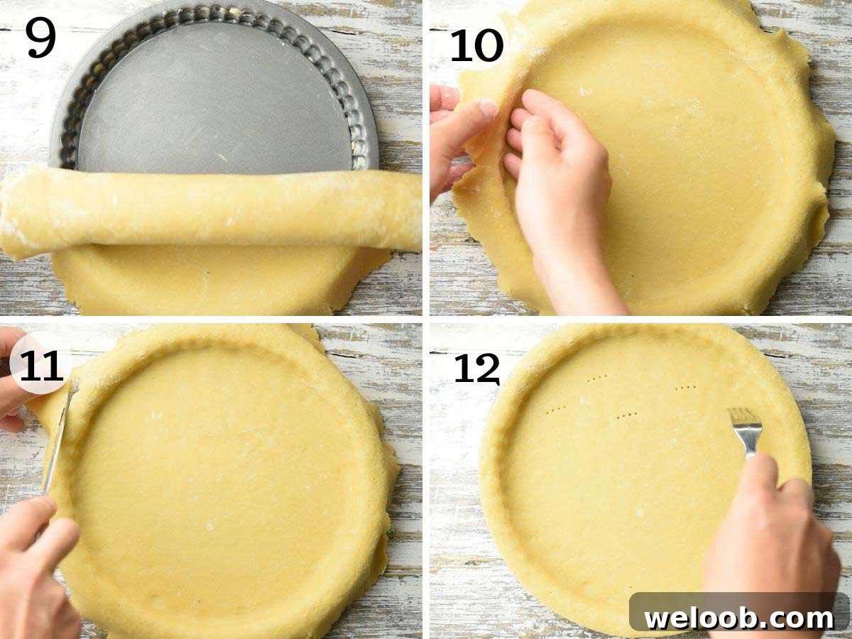 Step by step photos showing how to line a tart pan with pastry