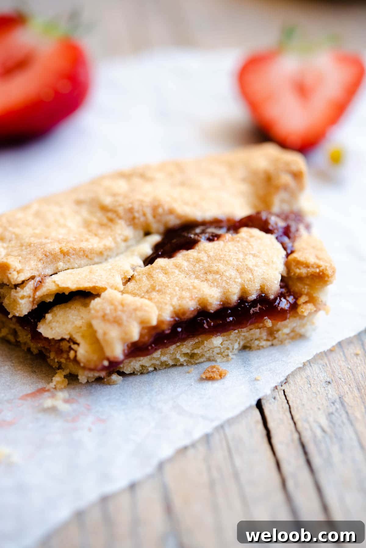 A close up of a slice of Italian crostata cut in half