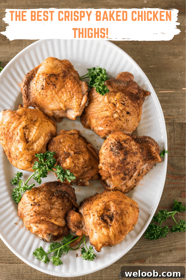 Picture of crispy chicken thighs with text on top