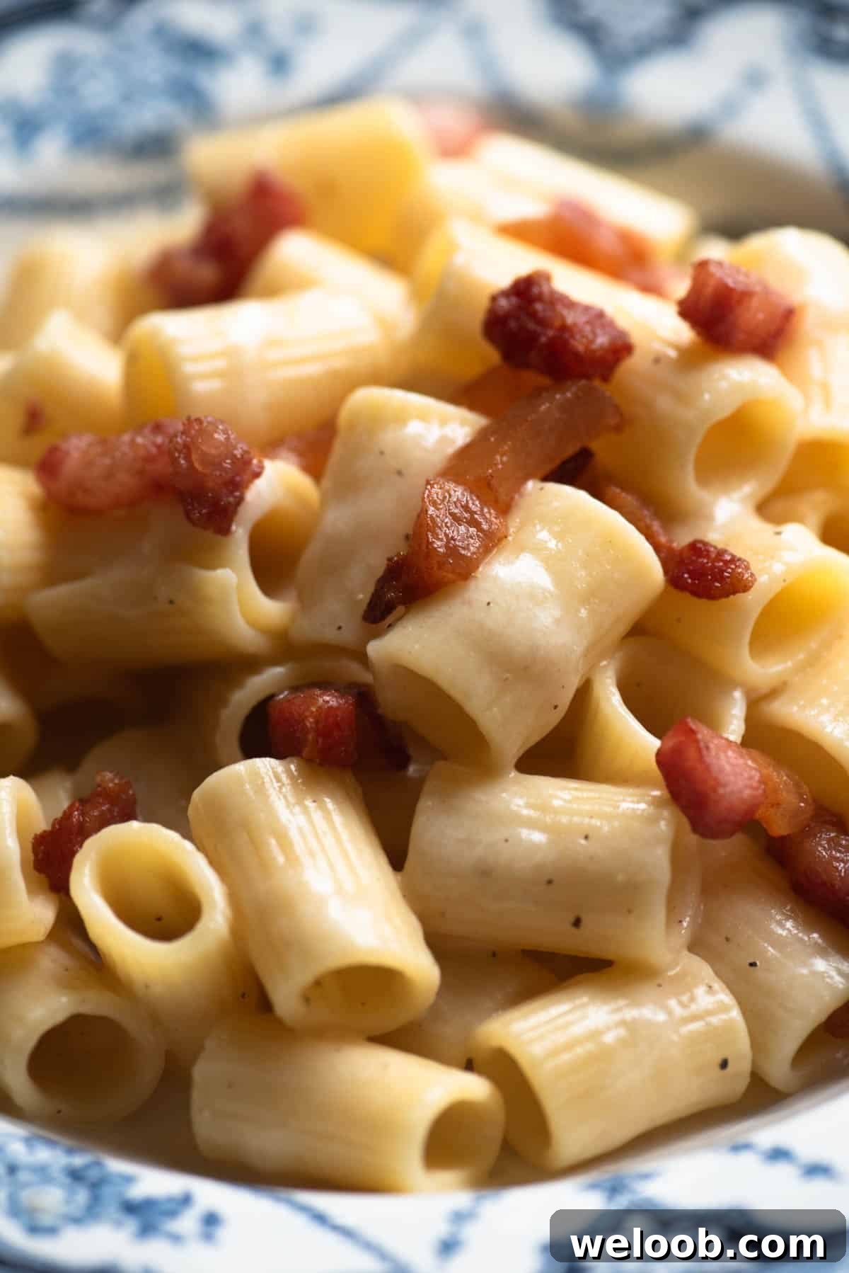 A close up of cheesy Pasta alla Gricia with crispy guanciale on top.