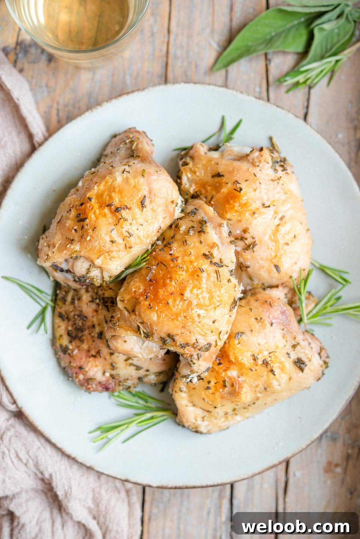 An overhead shot of Italian baked chicken thighs on a plate with rosemary