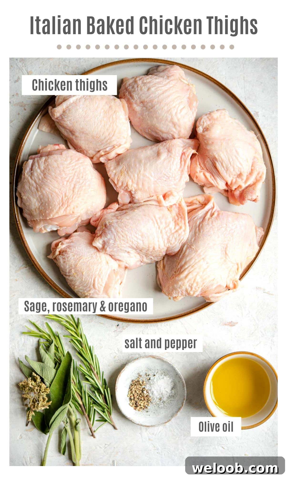 An overhead shot of ingredients you need to make Italian Baked Chicken Thighs