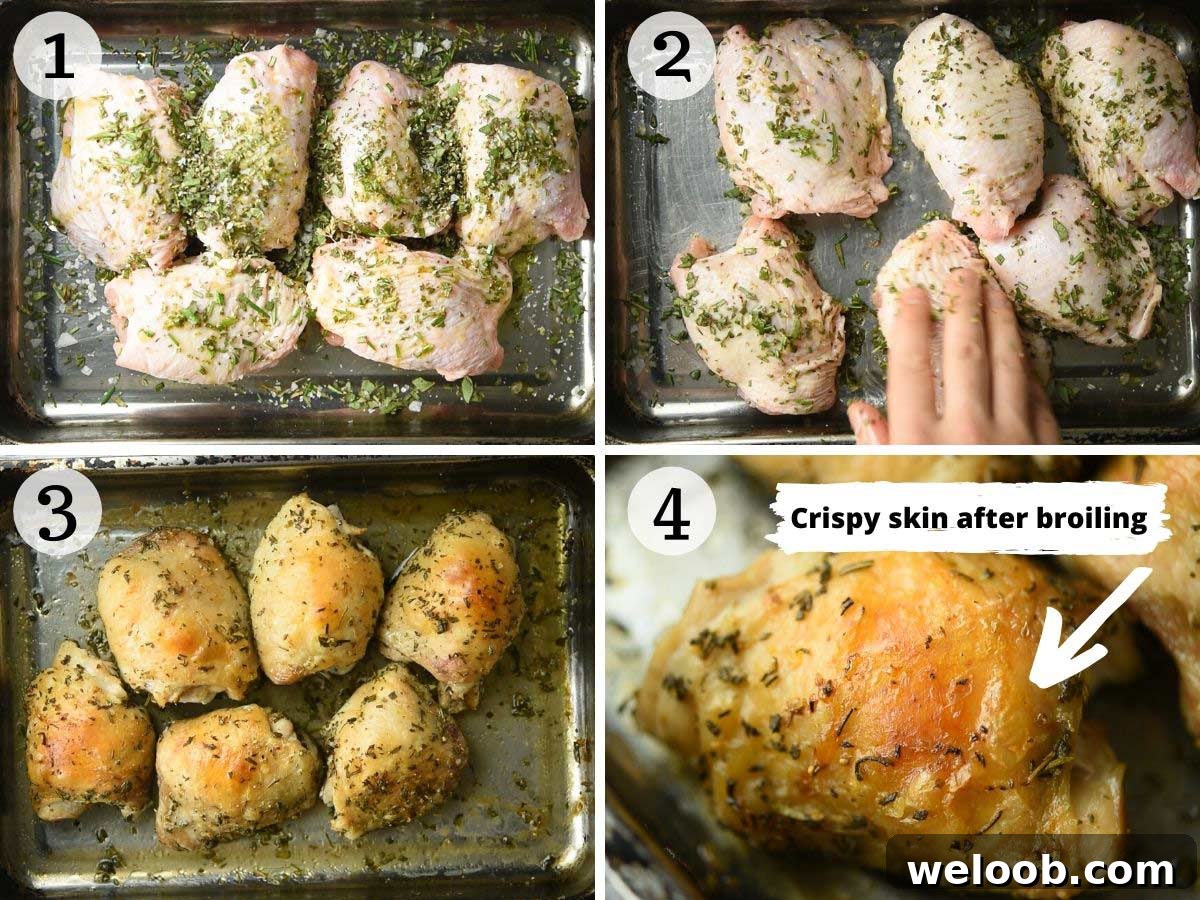 Step by step photos showing how to make crispy Italian baked chicken thighs
