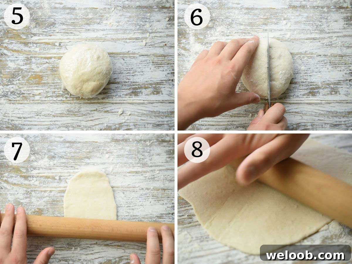 Step by step photos showing how to roll our a piadina flatbread