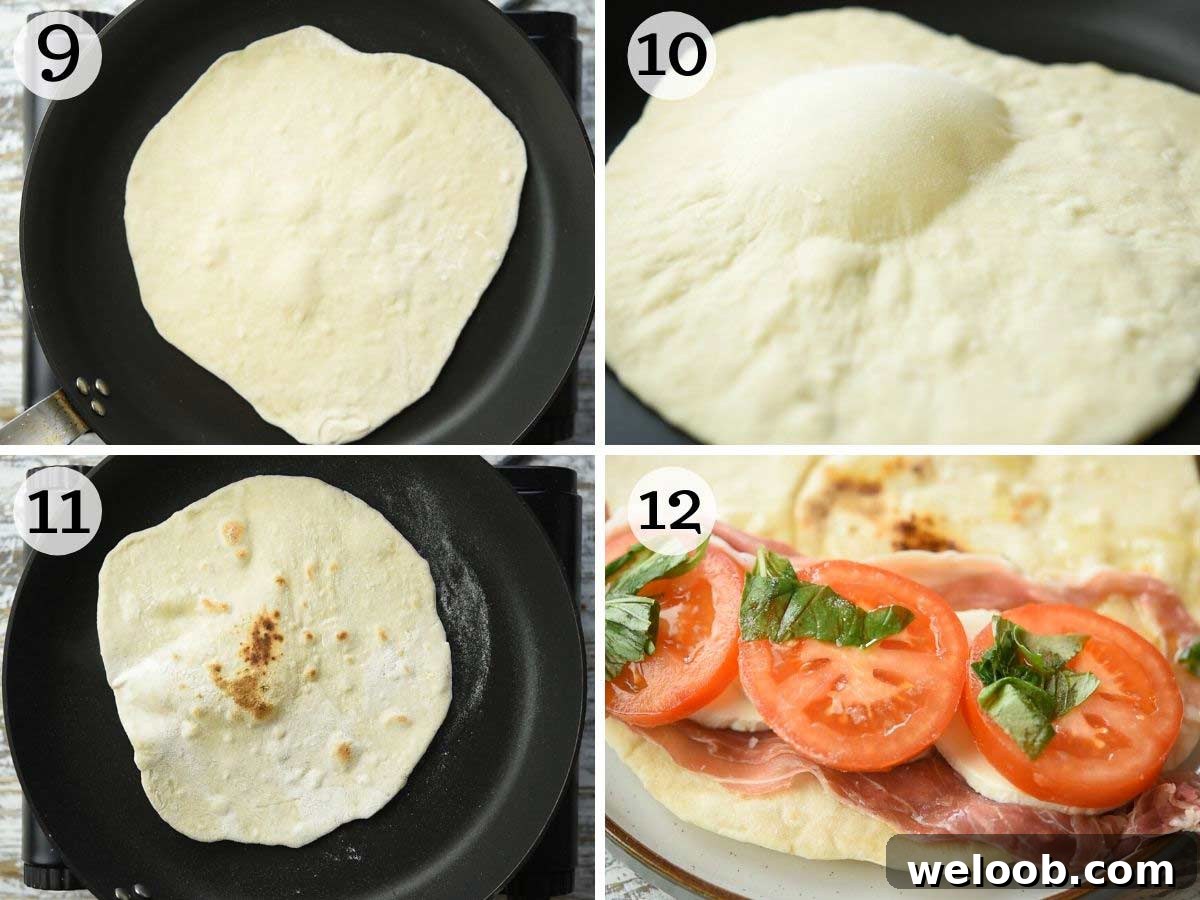 Step by step photos showing how to cook and fill a Piadina flatbread