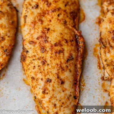 Square image of baked chicken breast.