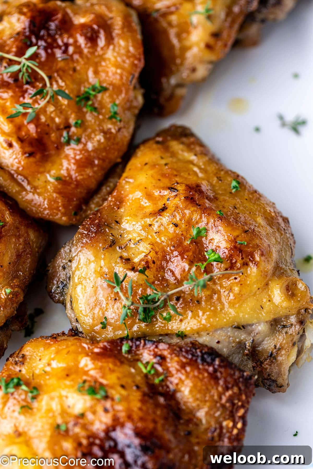 Zoom in on a chicken thigh garnished with fresh thyme.