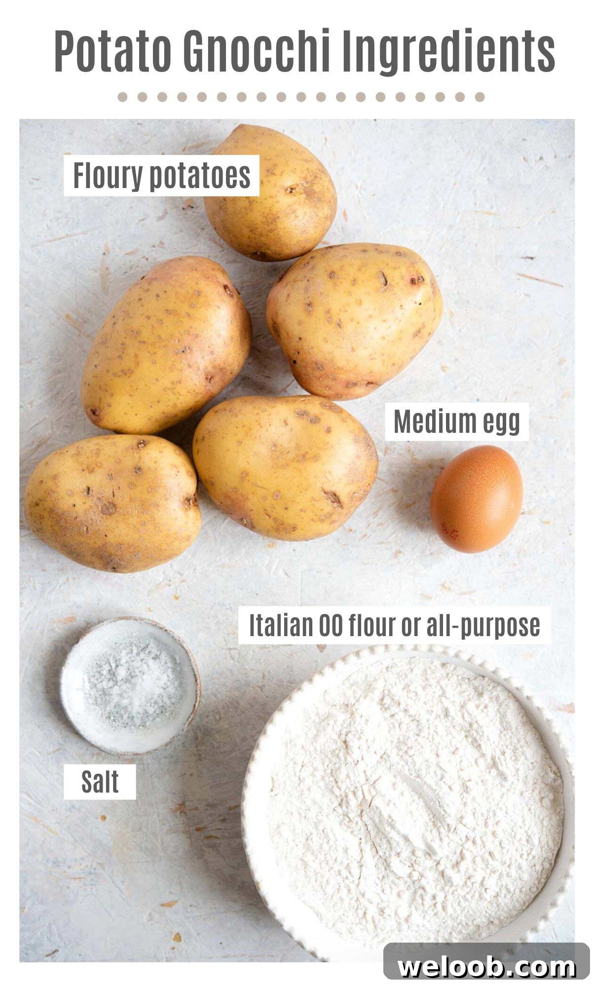 An overhead shot of all the ingredients you need to make potato gnocchi