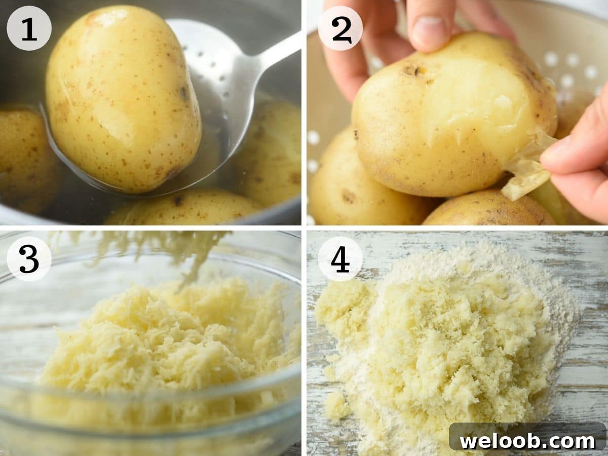 Step by step photos showing how to cook and peel potatoes to make gnocchi