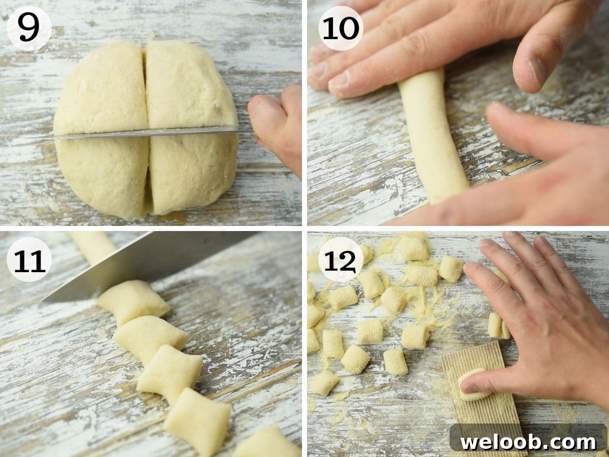 Step by step photos showing how to cut and shape potato gnocchi