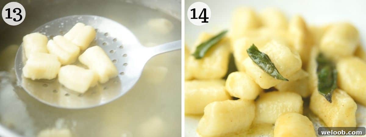 Two photos showing how to remove cooked potato gnocchi