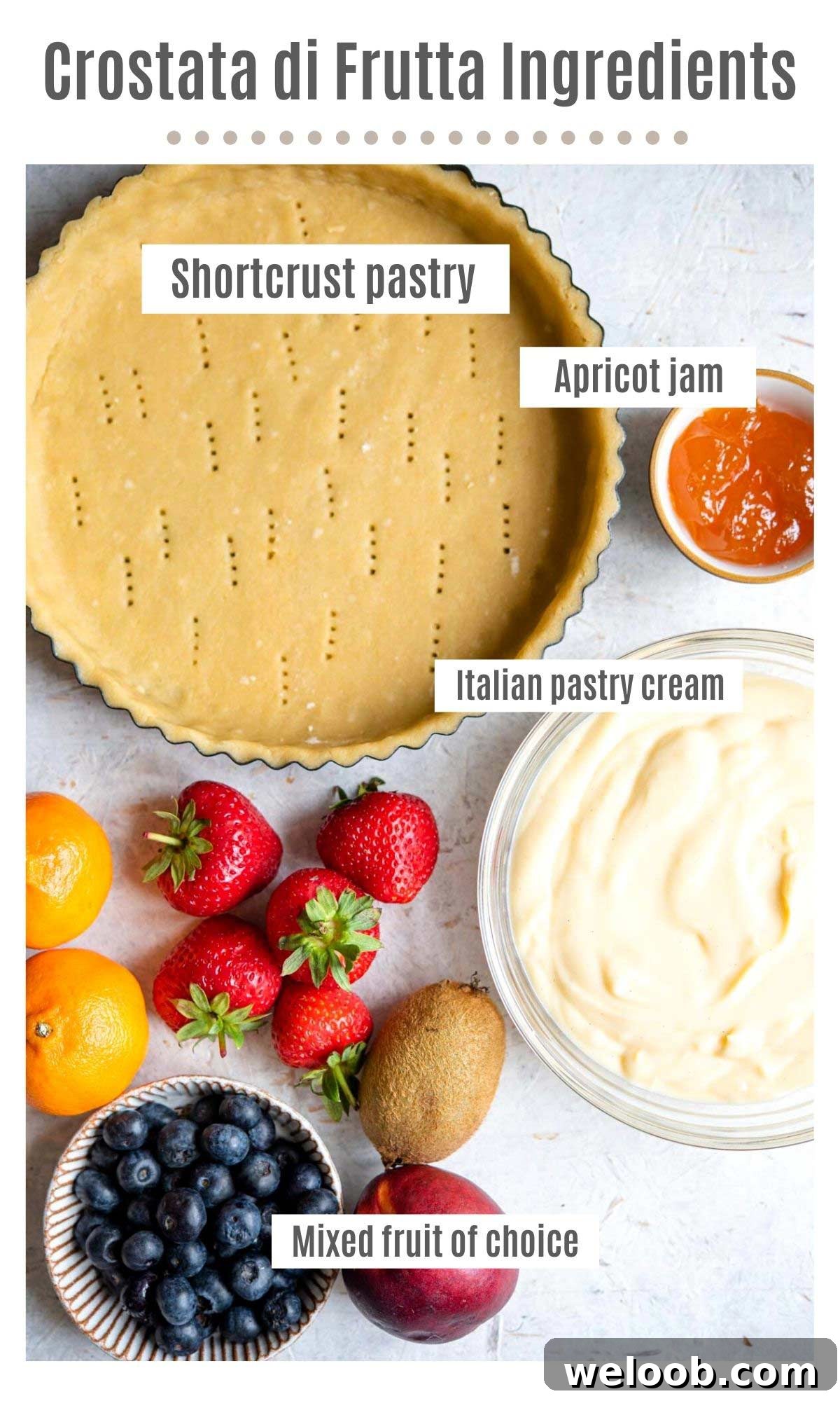 An overhead shot of the ingredients you need to make a crostata di frutta (Italian fruit tart)