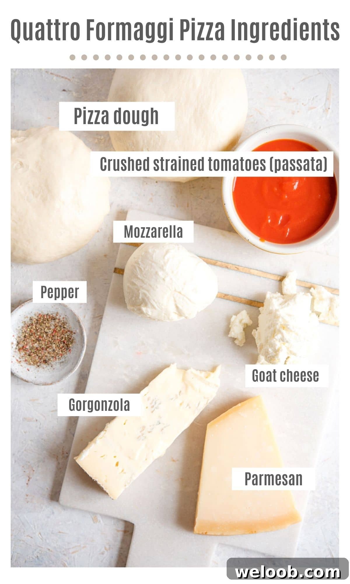 An overhead shot showing all the ingredients you need to make Quattro Formaggi pizza
