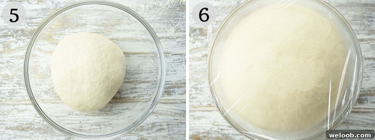 Two photos showing before and after proving pizza dough