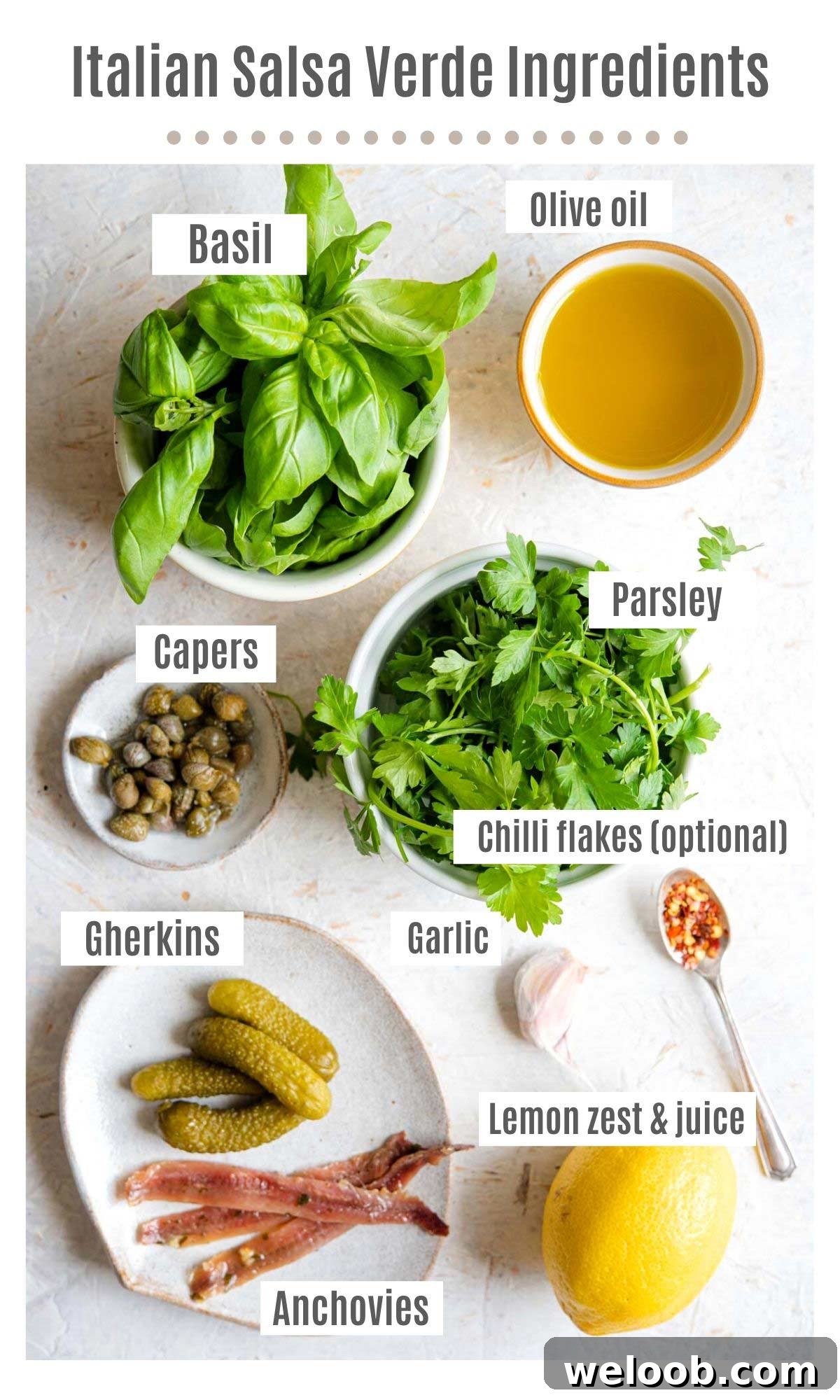 An overhead shot of ingredients you need to make salsa verde