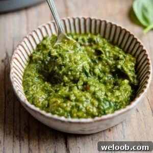 A square image of Italian salsa verde in a ramekin