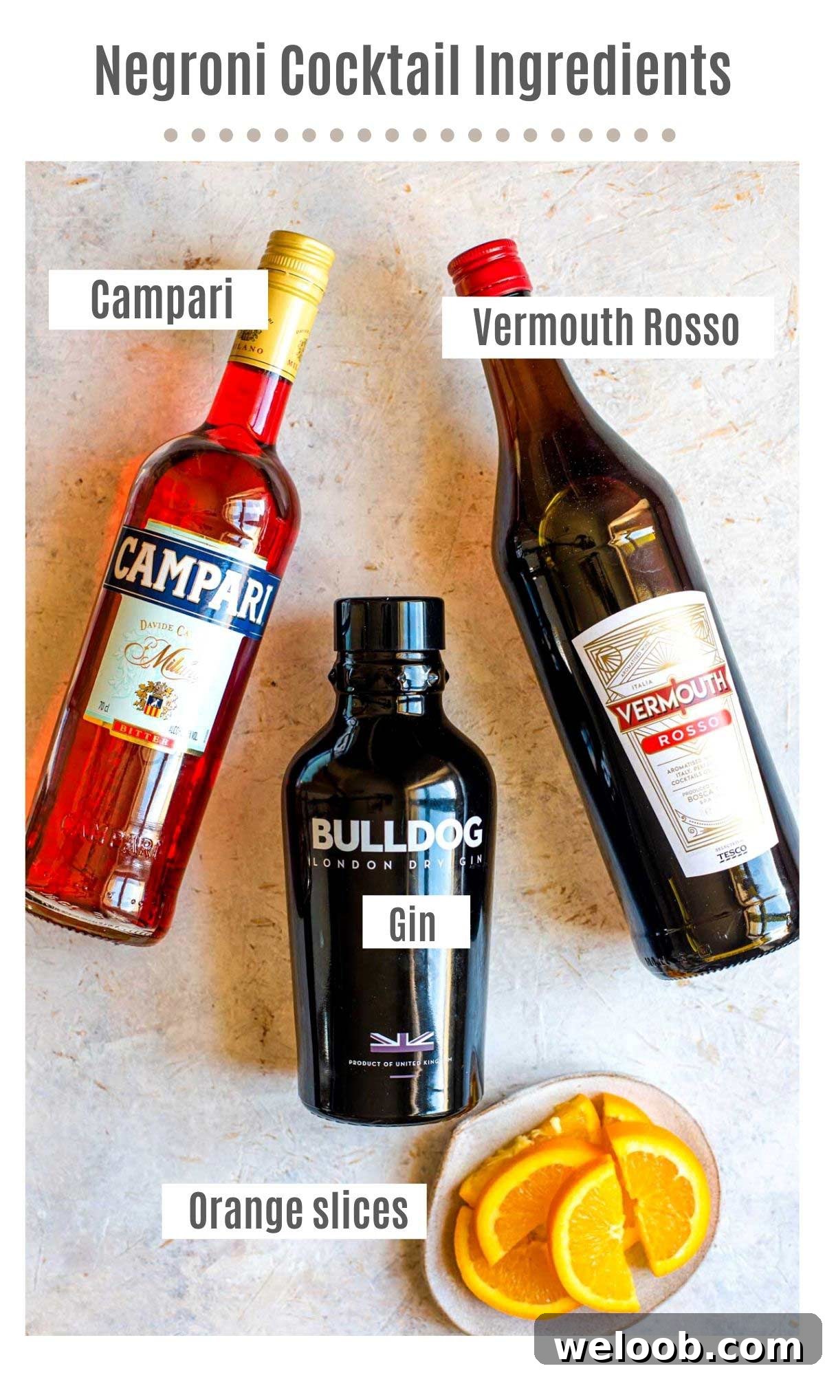 An overhead shot of all the ingredients you need to make a negroni cocktail
