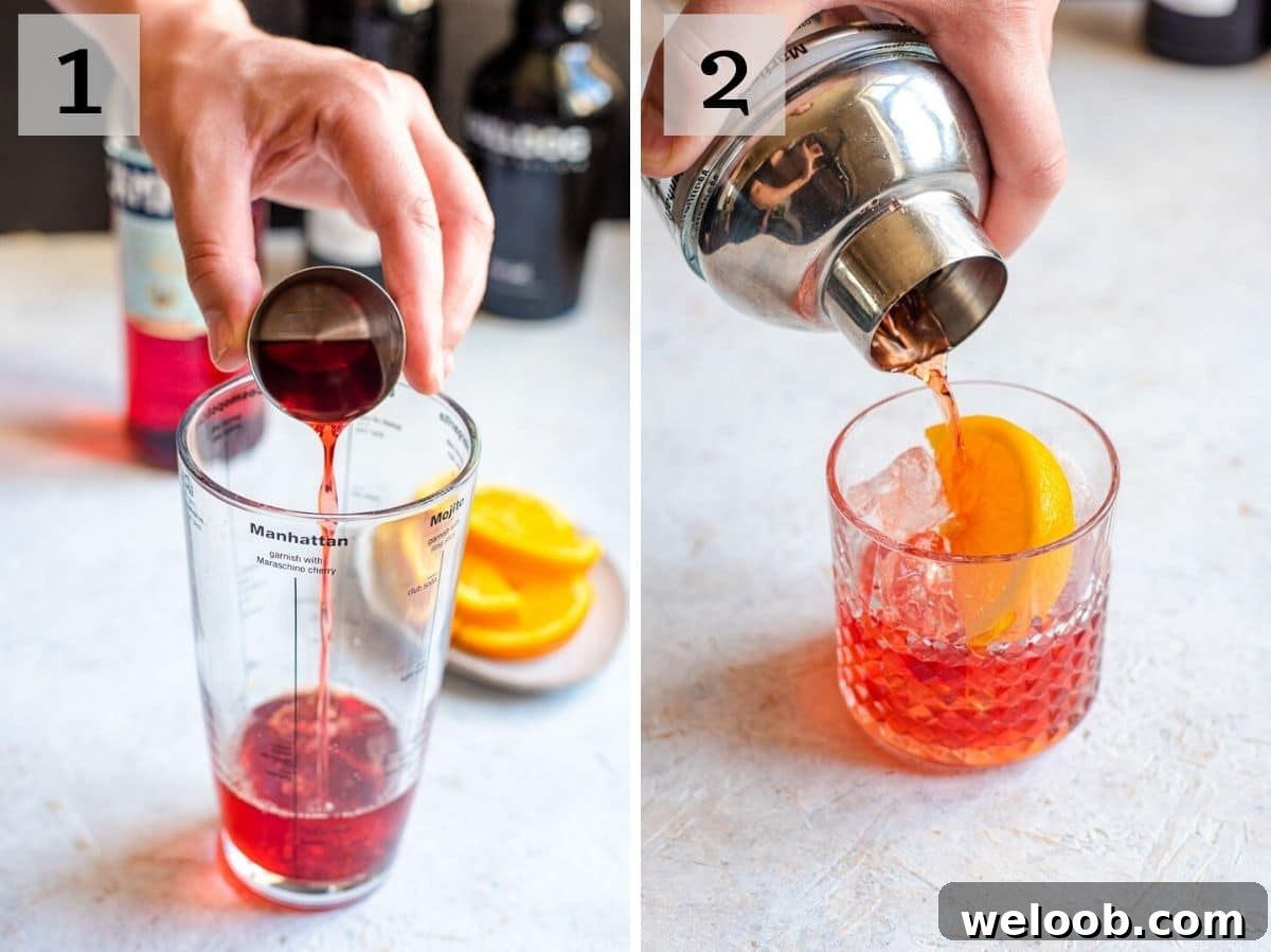 Two photos showing how to make a negroni cocktail