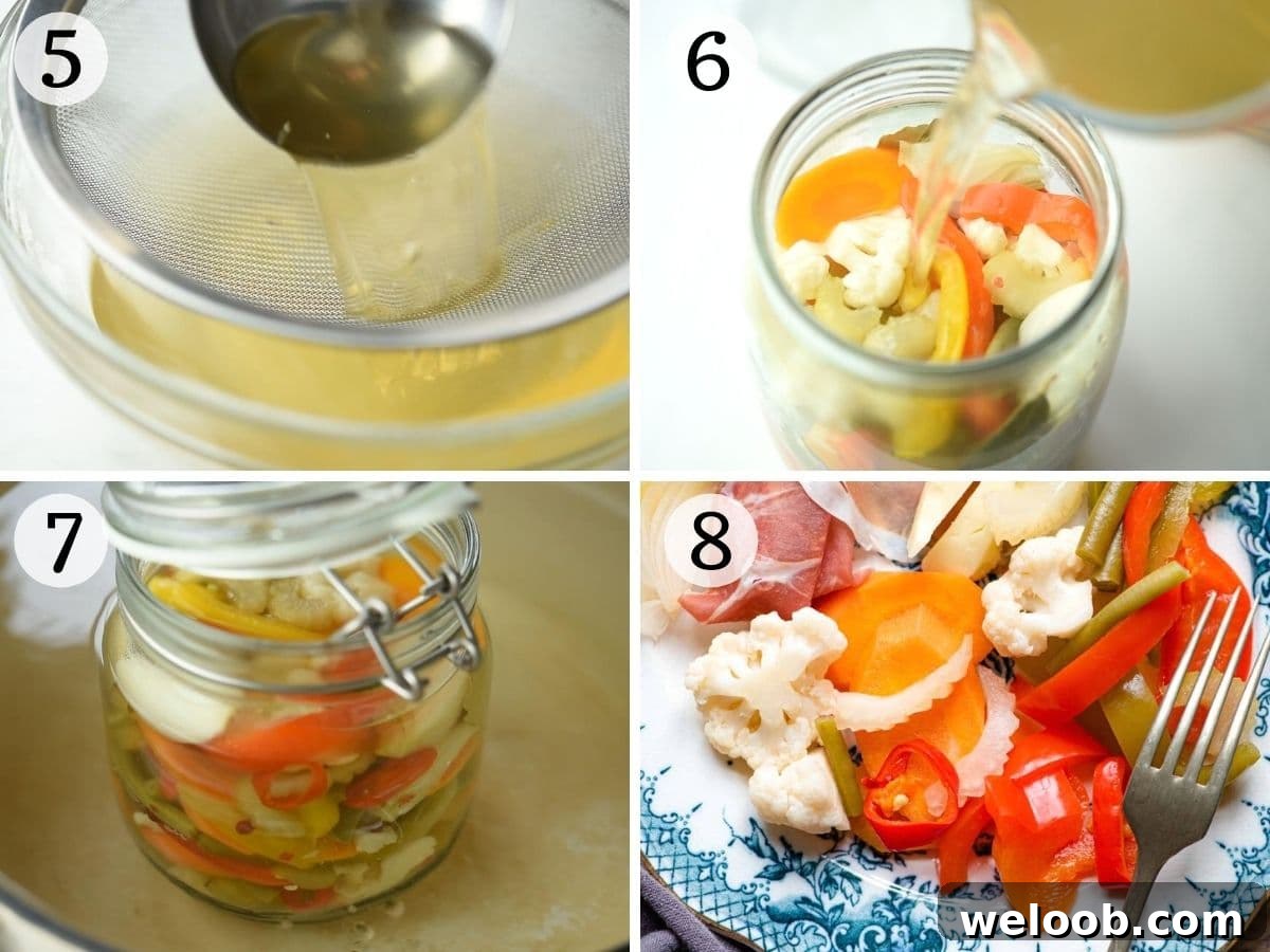 Step by step photos showing how to can and seal Giardiniera Italian vegetables
