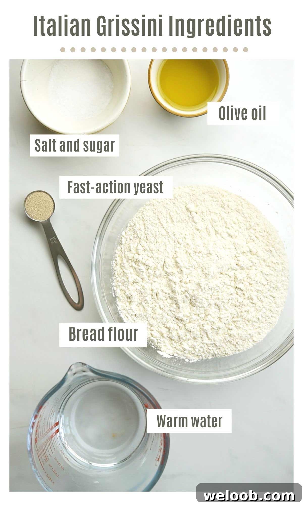 An overhead shot of all the ingredients you need to make grissini